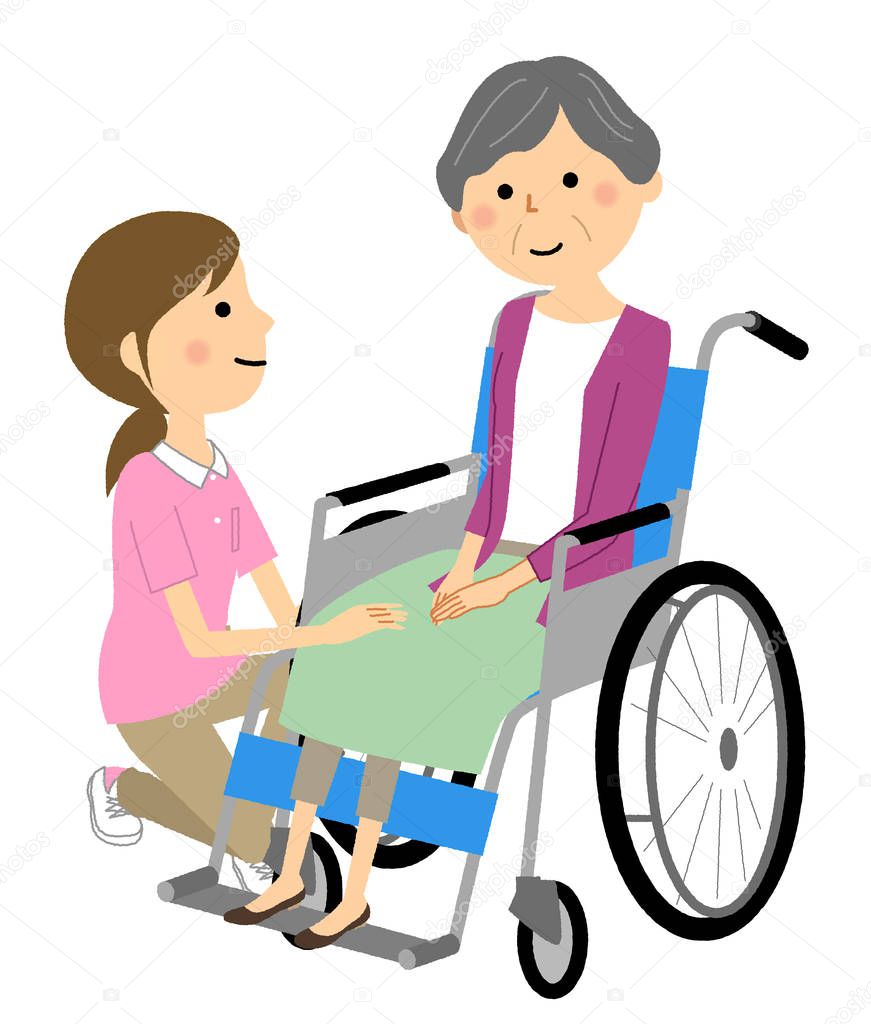 Elderly person in wheelchair and caregiver/Elderly person in wheelchair and illustration of a caregiver.
