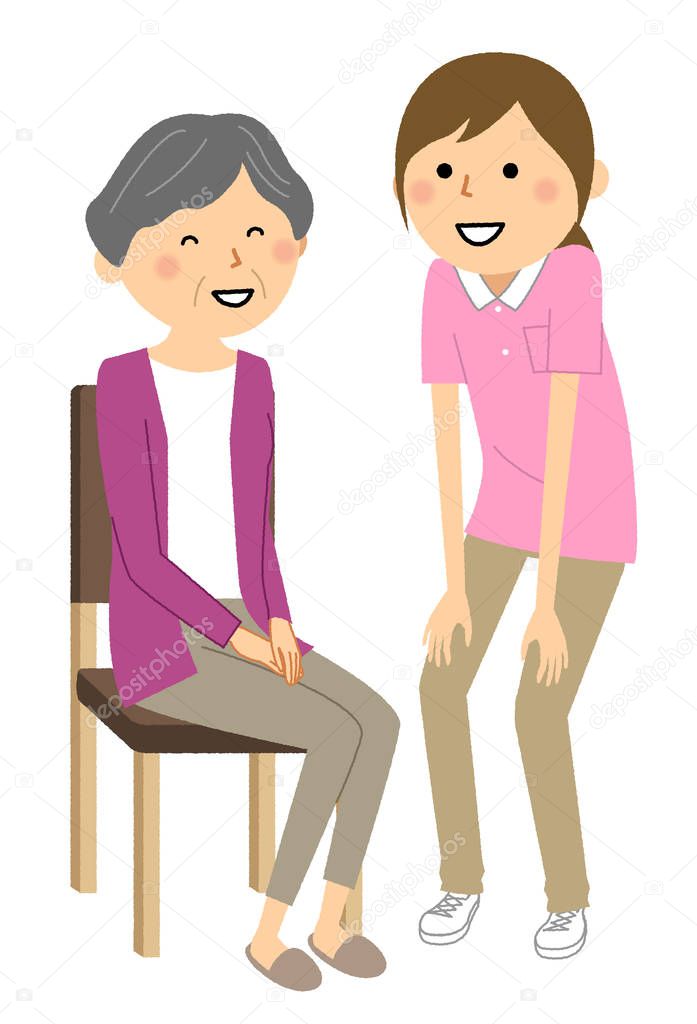 Elderly person sitting in a chair and caregiver/Illustration of an elderly person sitting in a chair and a caregiver.