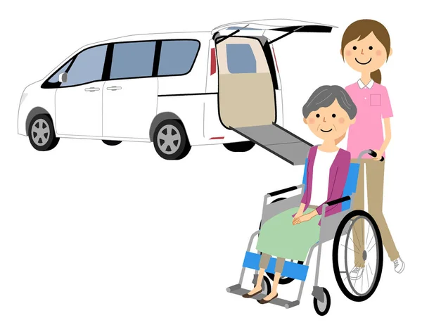 Osoby Starsze Wózkach Inwalidzkich Personel Pielęgniarski Pojazdy Opieki Społecznej Jest — Wektor stockowy