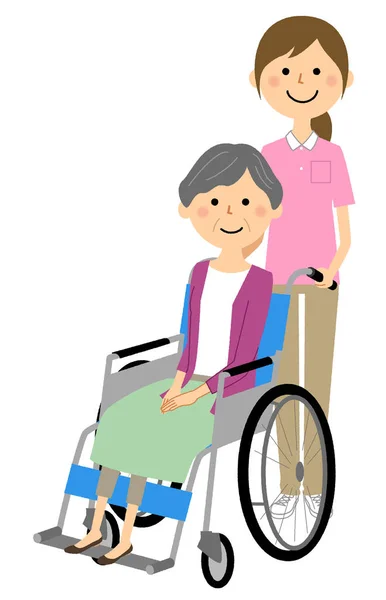 Osoba Podeszłym Wieku Wózku Inwalidzkim Opiekunka Osoba Podeszłym Wieku Wózku — Wektor stockowy