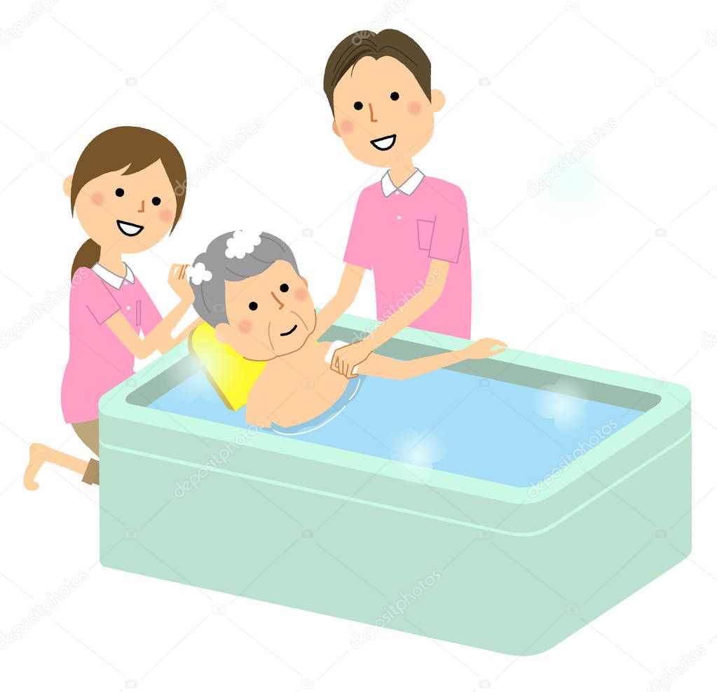 Caregiver assisting elderly bathing/This is an illustration of a caregiver who helps elderly people take a bath.