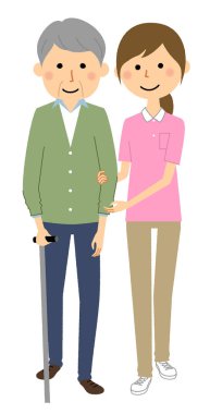 Bakıcı yaşlı insanların yürümesine yardımcı oluyor / Bu yaşlı insanların yürümesine yardımcı olan bir bakıcı çizimi.