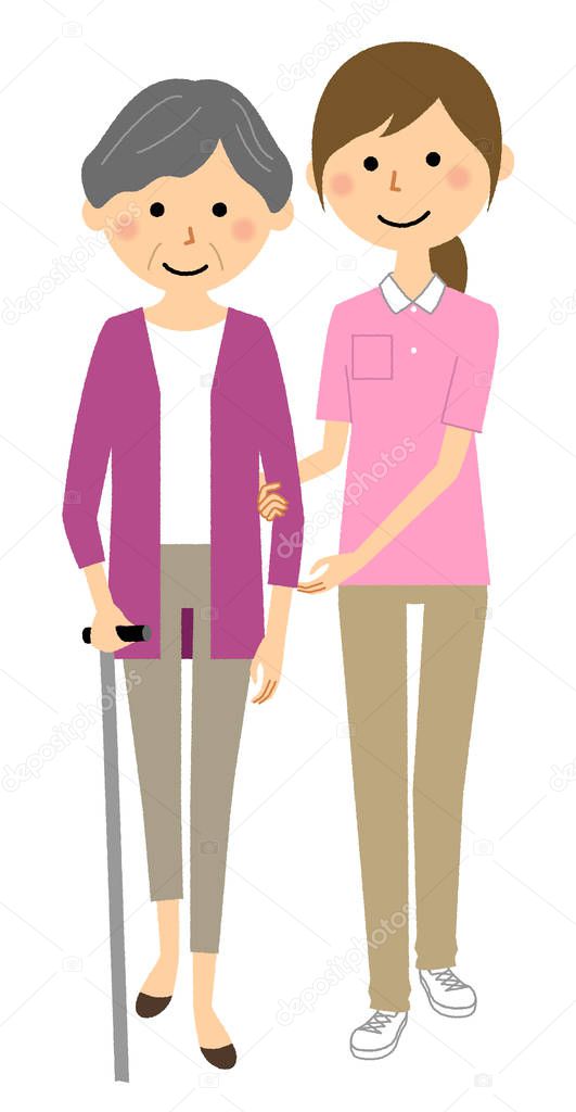 Caregiver assisting elderly walking/This is an illustration of a caregiver who helps elderly people walk.
