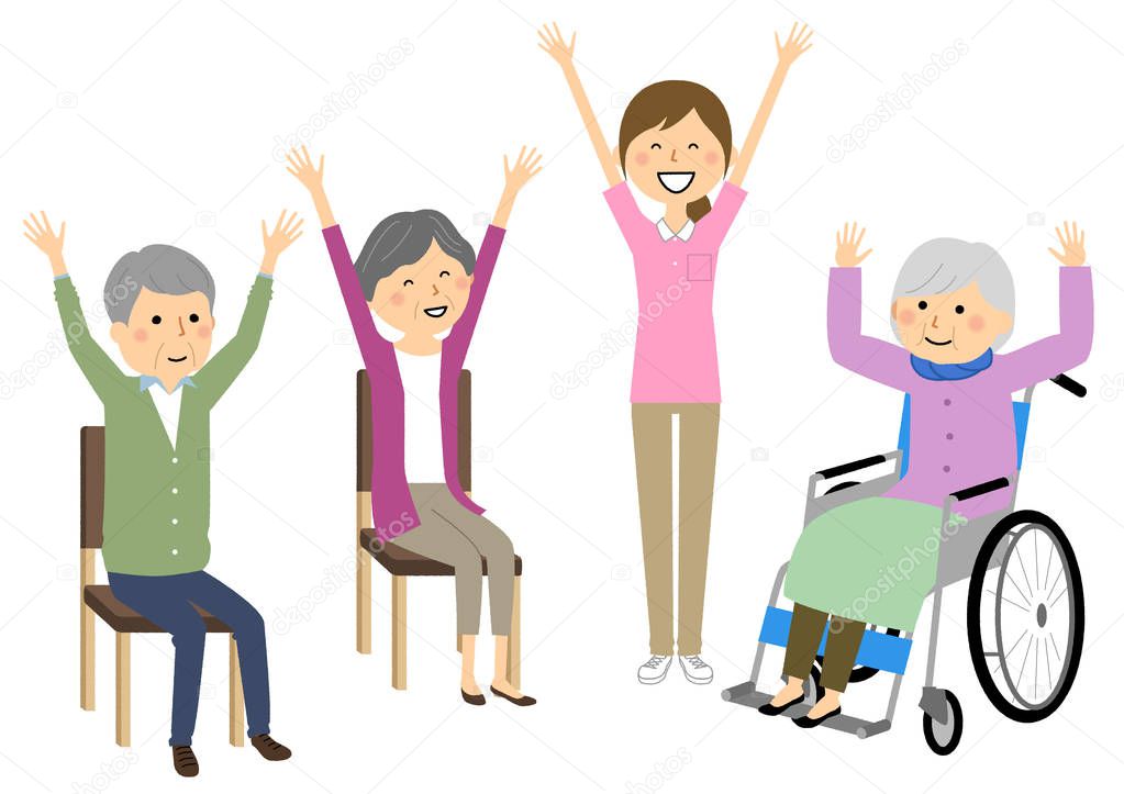 Elderly people who perform gymnastics, Care giver,Nursing assistant/It is an illustration of elderly people and care staff who do gymnastics.