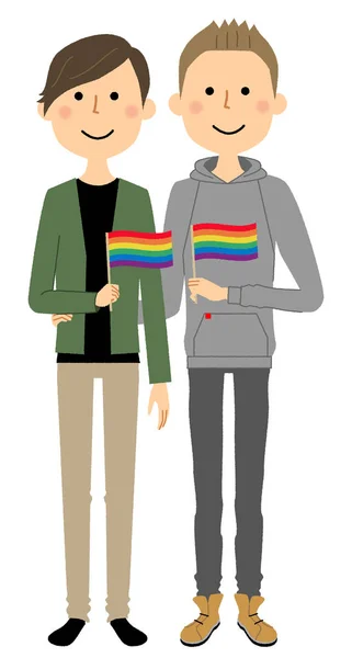 Lgbt Homosexuál Duhová Vlajka Ilustrace Homosexuálního Páru Duhovými Vlajkami — Stockový vektor