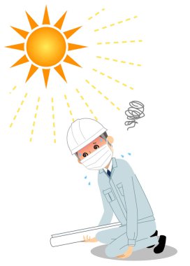 İnşaat alanında çalışan bir adamın sıcak çarpması sonucu dikkati dağılmış bir inşaat alanında çalışan bir adamın görüntüsü..