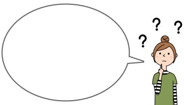 Boş mesaj balonuyla genç bir kadın, Balon / Konuşma baloncuğu çizimi genç bir kadının şüpheleri var..