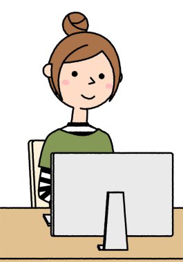Bilgisayarı kullanan genç bir kadın / Bilgisayar kullanan genç bir kadın illüstrasyonu.