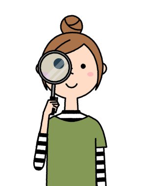 Büyüteçle bakan genç bir kadın. Büyüteçle bakan genç bir kadının resmi..