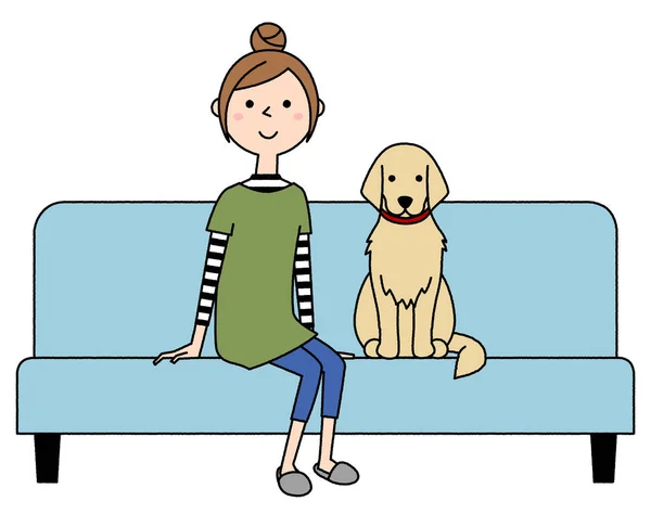 坐在沙发上的年轻女人和狗 一个年轻女人和一只狗坐在沙发上的例子 — 图库矢量图片