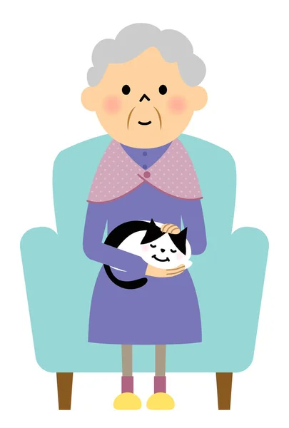 Mujer Mayor Sentada Sofá Sosteniendo Gato Una Ilustración Una Mujer — Archivo Imágenes Vectoriales