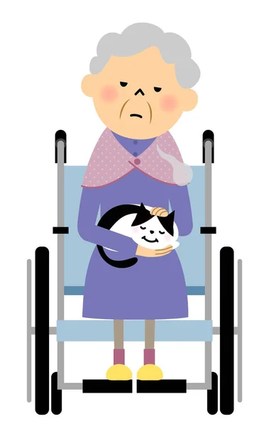 Бабушка Сидит Инвалидном Кресле Котом Руках Иллюстрация Бабушки Сидящей Инвалидном — стоковый вектор