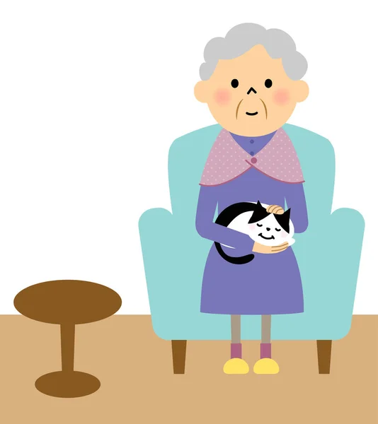 Mulher Idosa Sentada Sofá Segurando Gato Uma Ilustração Uma Mulher — Vetor de Stock
