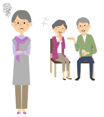 Yaşlı bir çiftin sohbetini yakan bir kişi. Yaşlı bir çiftin sohbetini çiğneyen bir kişinin resmedilmiş hali..