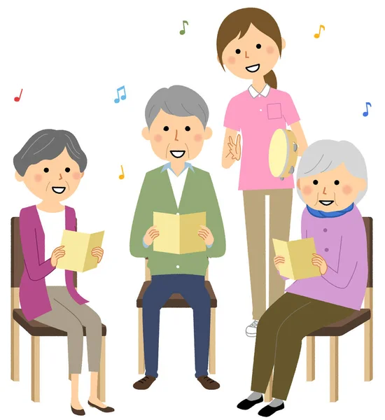 Elderly people singing in a recreation/It is an illustration of elderly people singing in a recreation and a care staff who takes a rhythm with a tambourine.
