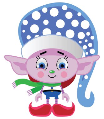 Renkli, neşeli Noel babalar küçük yardımcısı Elf iki şarkı mavi kuşlar ve jingle bell ayak parmakları ile onun kırmızı ayakkabı büyük gülümseyen holly berry PIN lekeli ile büyük bir portakal şapkası.