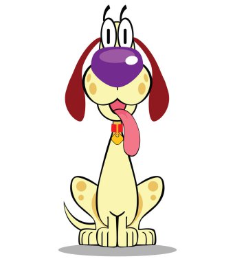 Bir aptal görünümlü köpek dışarı ve büyük bir mor burnum, yumuşak ve sarkık kulakları ile asılı dil ile. İleriye bakacak şekilde oturan.