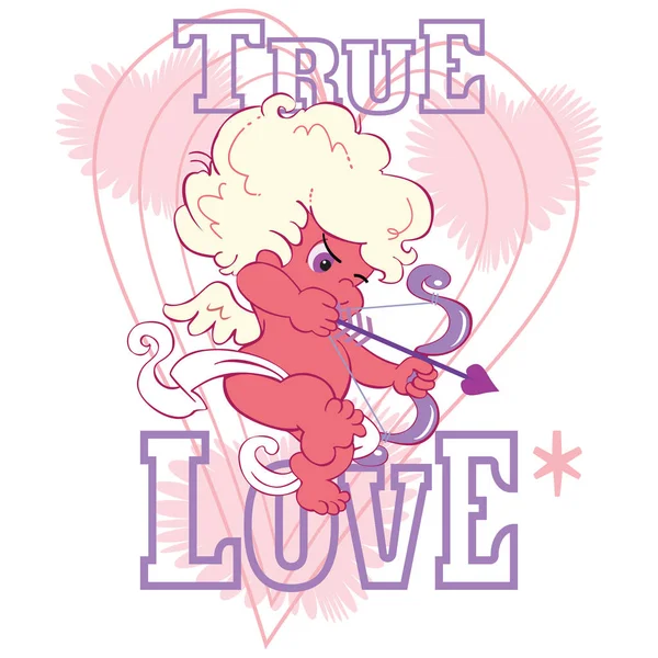 A cute cartoon valentine cupid is taking aim with a little bow and arrow. Stylized background and the words, true love.