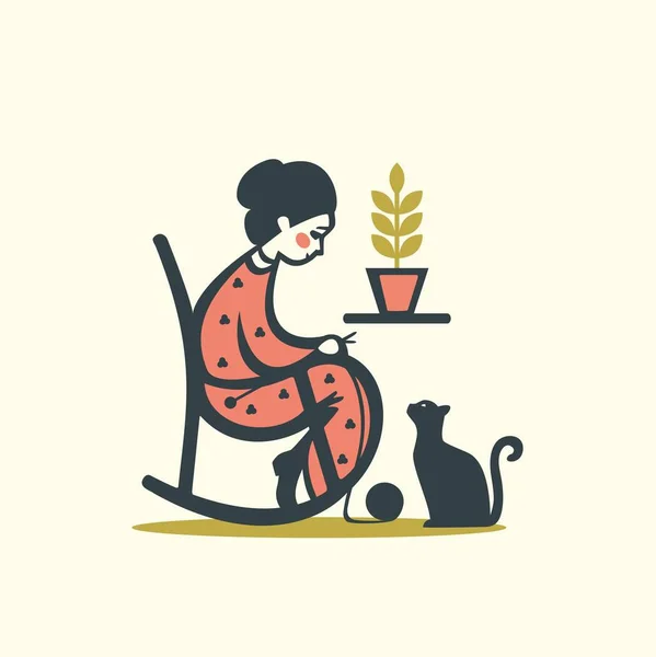 Knitting Woman Cat Vector Illustration — Stock Vector