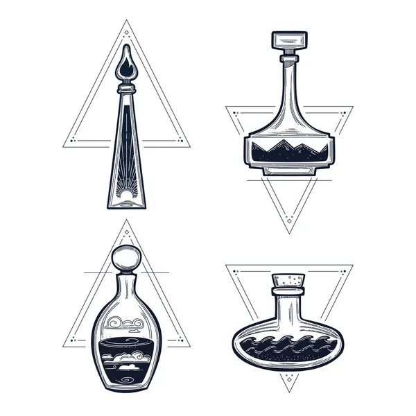 Conjunto Botellas Poción Cuatro Elementos Ilustración Vectorial — Archivo Imágenes Vectoriales