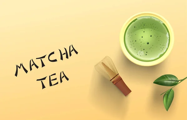 Eps Wektorowa Ilustracja Herbaty Matcha Trzepaczka Herbaty Liść Herbaty Matcha — Wektor stockowy