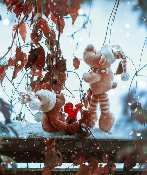 Inverno história de amor de urso e brinquedo cachorrinho — Fotografia de Stock