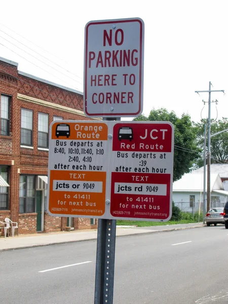 Johnson City Tennessee United States 2013 Bus Stop Parking Sign — Stock Photo, Image