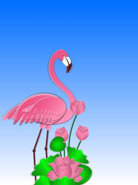 Pembe flamingo ve lotus çiçek mavi gökyüzü. Yaz arka plan, kapak, afiş, poster, şablonu. 3D vektör çizim. Stil kesilmiş kağıt.