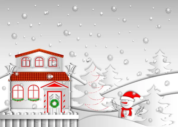 Paysage Journée Hiver Maison Noël Bonhomme Neige Sur Fond Forêt — Image vectorielle