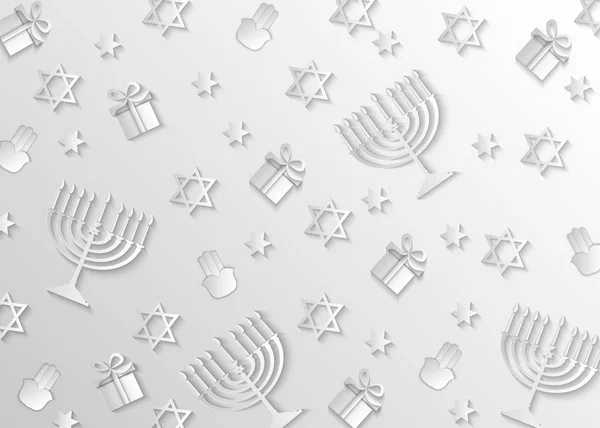 Hanoucca fond gris avec des bougies de vacances, cadeaux, Hamsa, David étoiles. Découpe moderne en papier pour le Festival juif de la lumière. Illustration vectorielle 3D . — Image vectorielle