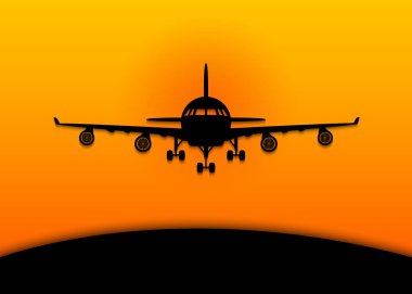 Turuncu günbatımı arka plan üzerinde uçan uçak. Stil vektör çizim kağıt kesme.