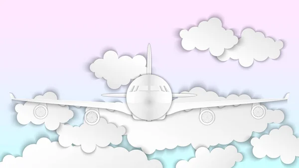 Самолет Против Голубого Неба Облаков Авиационный Фон Векторная Иллюстрация Стиль — стоковый вектор