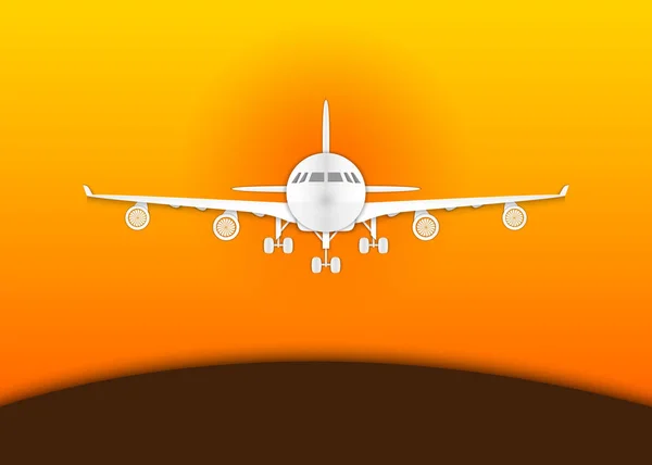 Летит Самолет Фоне Оранжевого Заката Векторная Иллюстрация — стоковый вектор