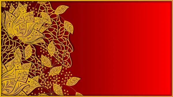 Floral background. Golden flowers of lotus fnd leaves on red background. Design template for wedding invitation, greeting card and other events. 3D vektor illustration. Paper cutout art style. — Stock Vector