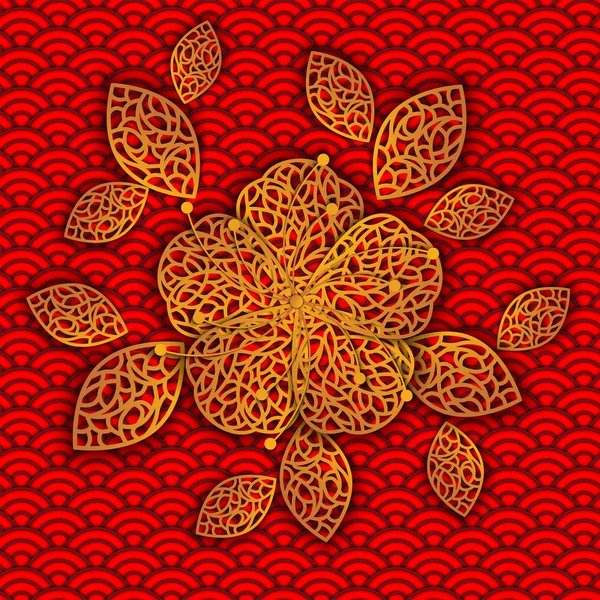 Lace golden flower of plum, cherry on traditional chinese background. Wedding decorations. Isolated floral design elements. Greeting card template. 3D vector illustration. Backdrop. — Stock Vector