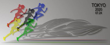 Tokyo 2020 vektör arkaplanı. Japonya 'daki yaz sporları oyunları. Spor olayı illüstrasyonu. Sporcular modern stadyumun arka planında koşuyorlar.