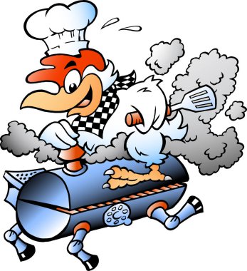 Bir Barbekü ızgara varil sürme bir şef tavuk vektör çizim karikatür