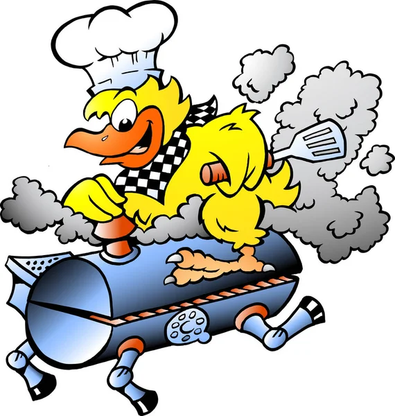 黄色鸡骑 Bbq 烤桶的动画片向量例证 — 图库矢量图片