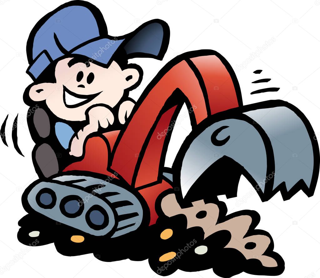 Cartoon Vector illustration of a Handyman threre working with his mini excavator