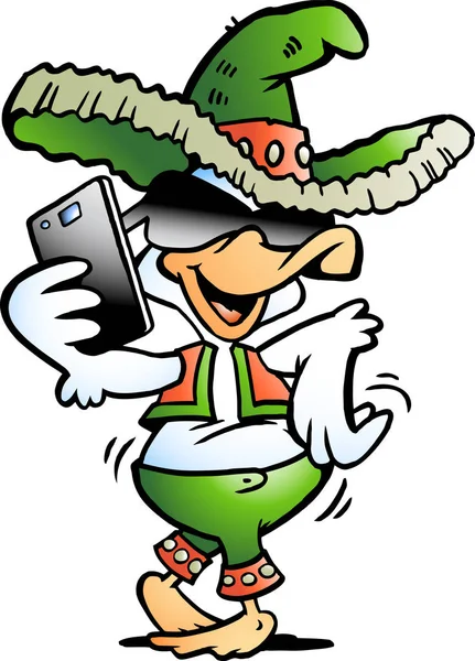 Ilustración Dibujos Animados Vectoriales Feliz Pato Mexicano Hablando Smartphone — Archivo Imágenes Vectoriales