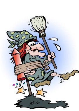 Rokete bağlı bir cadı vektör çizim karikatür