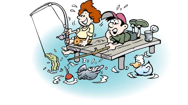 Illustrazione Del Vettore Del Fumetto Due Ragazzi Viaggio Pesca — Vettoriale Stock