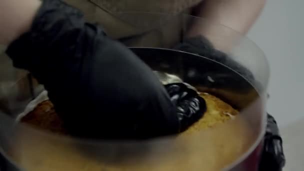 在面包店里做蛋糕的女人在蛋糕上涂奶油 — 图库视频影像
