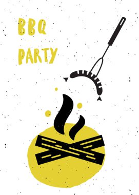 Barbekü partisi. Alev ve sosis. Tipografi poster. Benzersiz tasarım konsepti için kafe promosyon, reklam