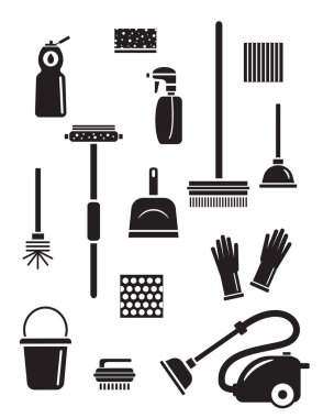 Set of cleaning service icons. Isolated black silhouettes. Illustration of different cleaning tools and household goods. clipart