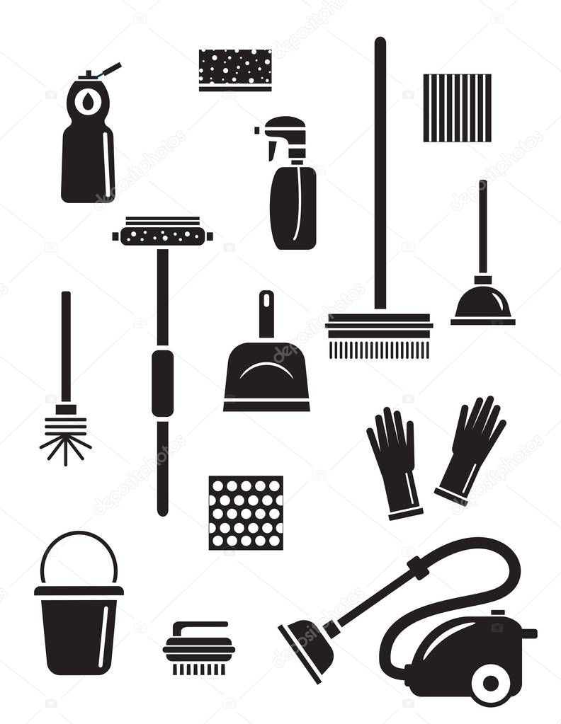Set of cleaning service icons. Isolated black silhouettes. Illustration of different cleaning tools and household goods.