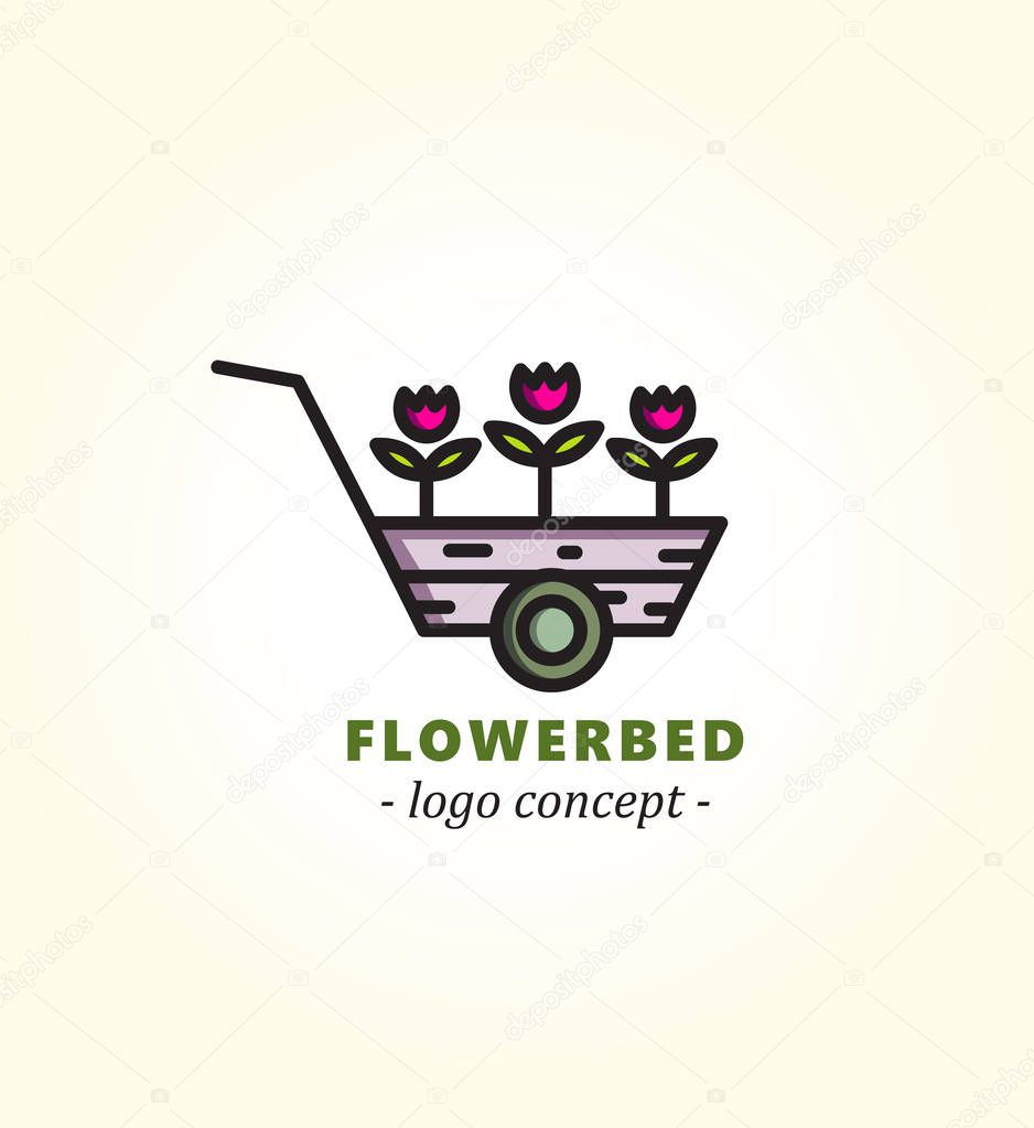 Cart with flowers. Flowerbed. Logo concept for flower market.