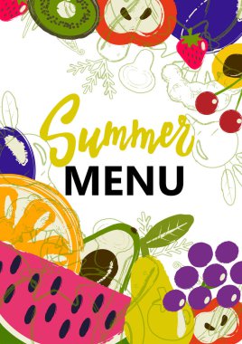 Yaz menüsü kapak. Sebzeli, güler yüzlü çubuğu menüsünde çizim meyve ile tasarım konsepti.