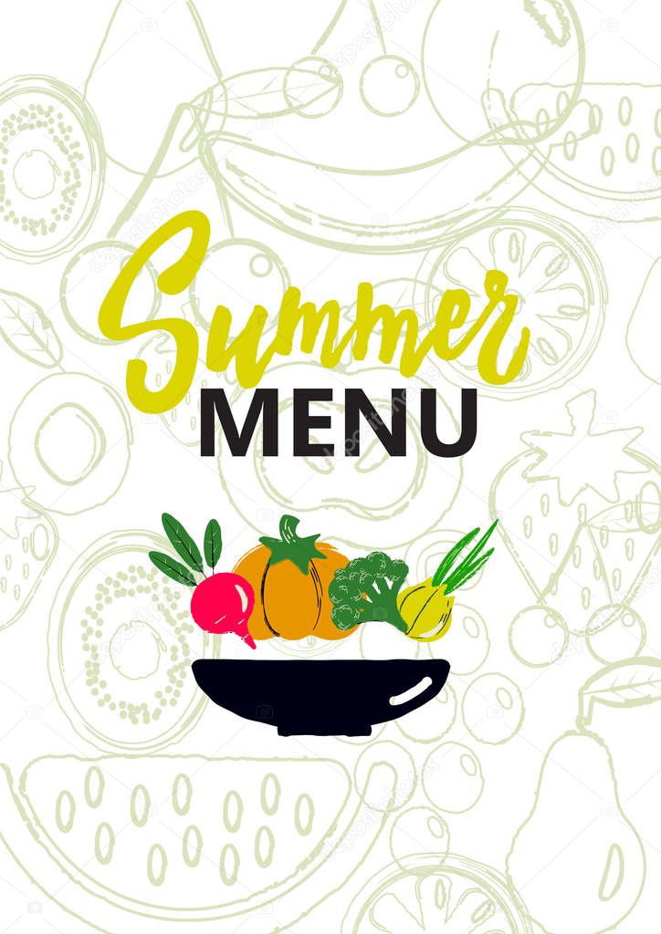 Summer menu cover. Design concept for smoothie bar, veggie cafe, restaurant.