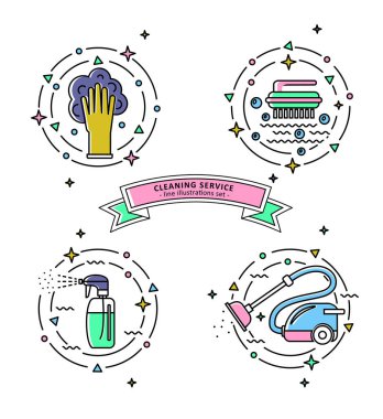 Renkli temizlik hizmeti illüstrasyonlar kümesi. Farklı çizgi sanat stili araçlarında Temizleme.